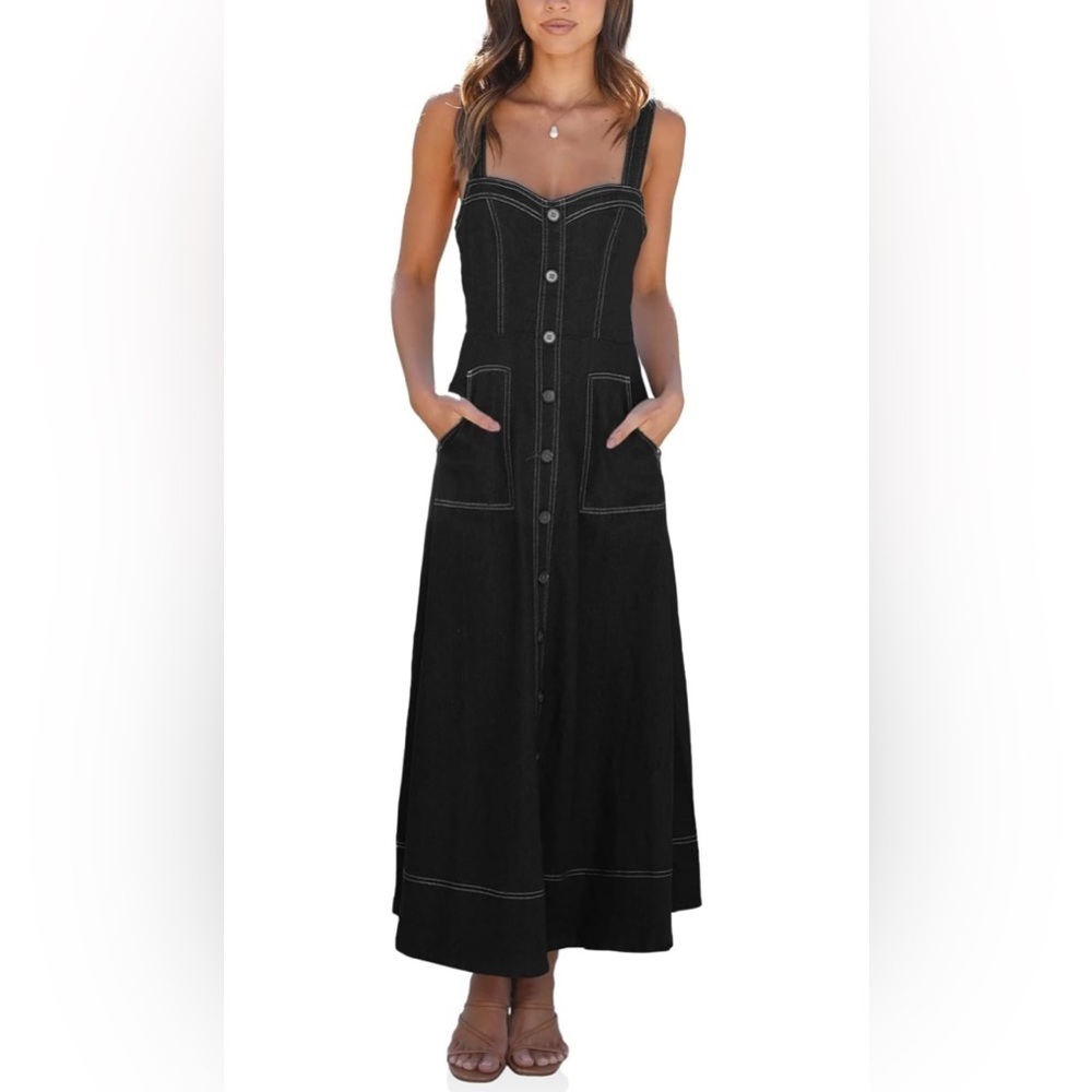 NWOT Denim Dress Sleeveless Adjustable Straps A Line Maxi Dress with Pockets - Picture 3 of 15